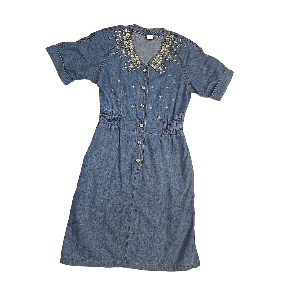 Vintage 80' Styleworks Dress M Bedazzled Denim Pockets Bling Rhinestone